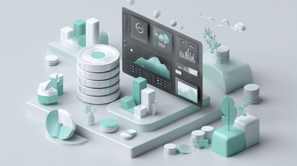 3D illustration of data consulting concept featuring SQL Server database stacks, charts, and analytics dashboards in aqua and white color palette